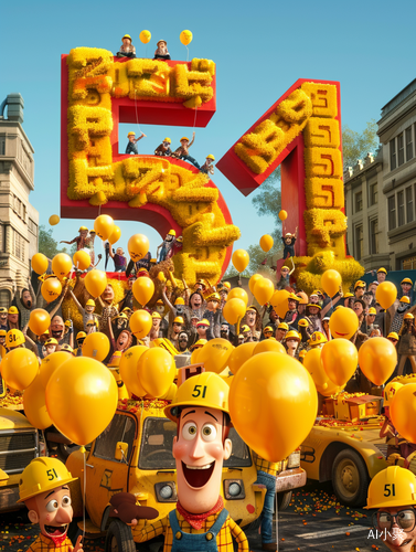 Construction Workers Celebrate Number 51 with Balloons