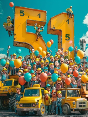 A large group of workers gathered around the number “51”，holding balloons and smiling, with yellow construction vehicles in front. The background was a blue sky, and there was an illustration style that focused on faces with 3D renderings and high resolution photography.The styles included poster design, movie posters, movie character designs, and concept art in the style of Pixar, as well as Pixar animation styles and hyperrealistic 3D renderings. ar 3:4