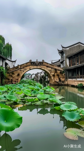 Picturesque Jiangnan water town with ancient buildings and stone bridges