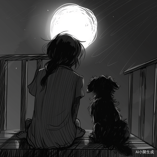 夜晚顶楼，小狗小女孩相依相靠