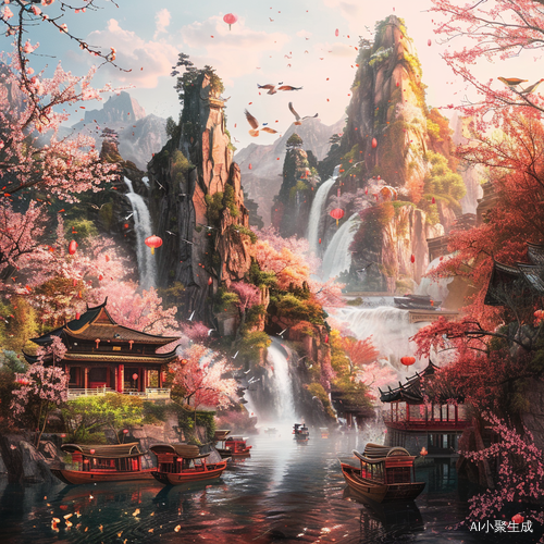 绚丽桃花下的山景美景