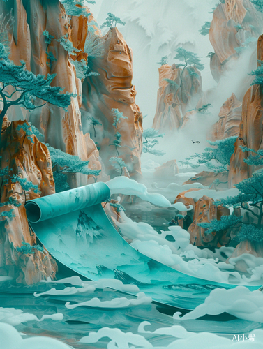 Chinese 3D Turquoise Landscape Painting: Delicate Ancient Minimalism with Surreal Details