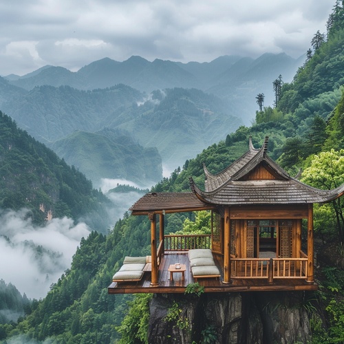 一座中式木屋坐落在悬崖上,下面有一个户外沙发和咖啡桌。背景是绿树覆盖的绿色山脉,被云和雾气笼罩。它具有高清晰度的摄影风格、自然光线、暖色调、丰富的细节,以及从后面攀爬的绿色植物,营造出一种宁静的氛围。高分辨率、自然风光、宽阔的视野,以自然风景的风格呈现，相机真实都摄效果。