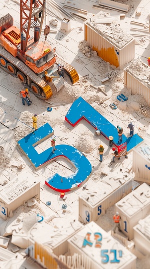 The ground is composed of architectural drawings, The3D number "51" is placed on it. The numbers are blue, red and a little gold texture. There are also cranes and large trucks. There are several staff standing on the ground, and some people are talking on the phone , some people are directing the construction, there are some scattered bricks on the ground, the background is off-white, It features macro photography,high-definition details, wide-angle lenses, symmetrical composition, cool tones, flas