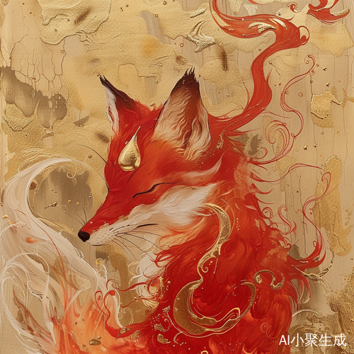 红色九尾狐与金色水滴状印记