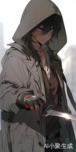 风衣少年持刀俯望远方