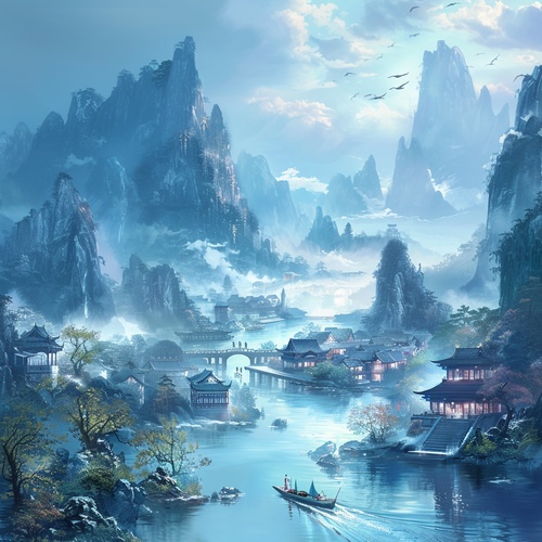 A mobile phone wallpaper in the Chinese style, featuring mountains and rivers with small bridges and flowing water, trees on the shore of an ancient town, and someone rowing a boat across the river. The background is blue, with some clouds floating above it. It has high definition resolution, high quality images, and a sense of depth.