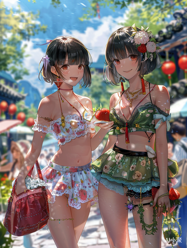 Smiling girls with short hair and bangs, wearing dresses and holding hands