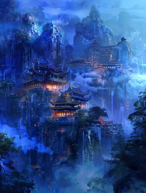 Chinese style, the place where Chinesegods live, at night, mountains and rivers,pavilions, magnificent, lights, bright lights,Chinese style palaces, palaces, inlaid withgold, clouds and mist, fairy air, summer,night, large lights, no dark corners, 3Dfairy game painting style, rich details,high-definition, ice blue, cool colors,shocking scenes, grand,game screenstyle,16kar3:4s 200q5v5.2