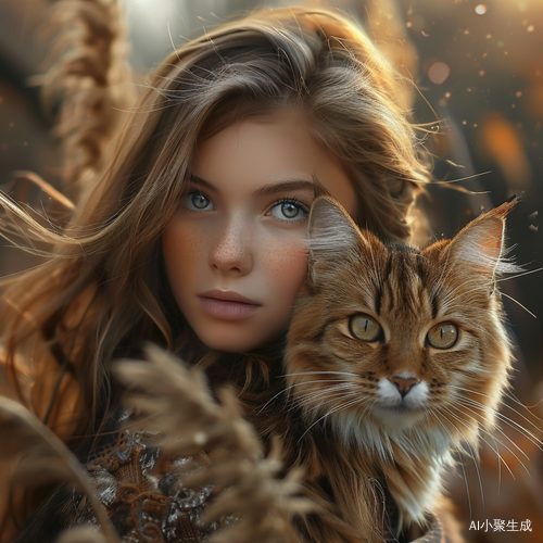 清纯少女与猫在自然中的灵动活泼