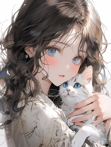 清纯少女与猫在自然中的灵动活泼