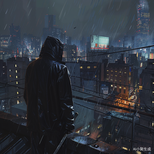 城市雨夜，男人黑风衣，楼顶上的刀