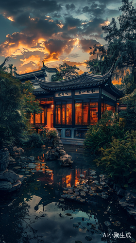 傍晚的中式园林与古建筑