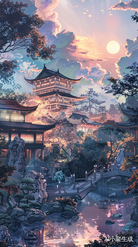 傍晚中式园林的水彩画
