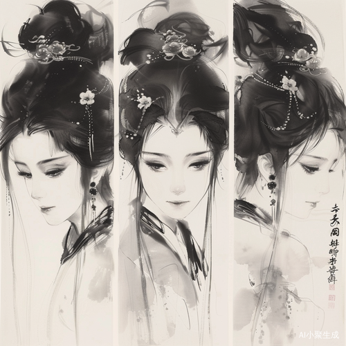 发丝，水墨画，中国风，少女，中年妇女，老年妇女
