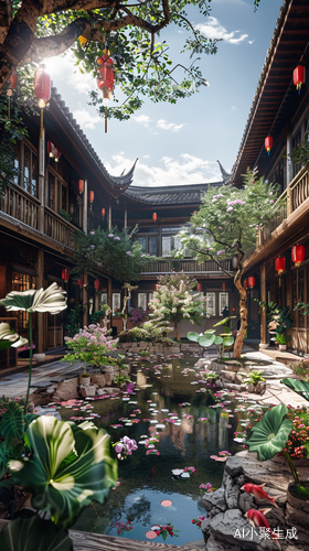 国风古庭院：花池、走廊、清晰美观、胶片噪点