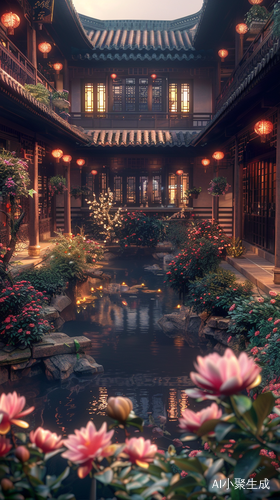 国风古庭院：花池、走廊、清晰美观、胶片噪点