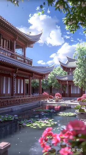 国风古庭院：花池、走廊、清晰美观、胶片噪点