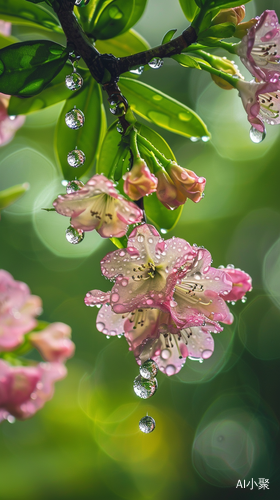 水珠杜鹃花，绿色背景虚化，透亮画面