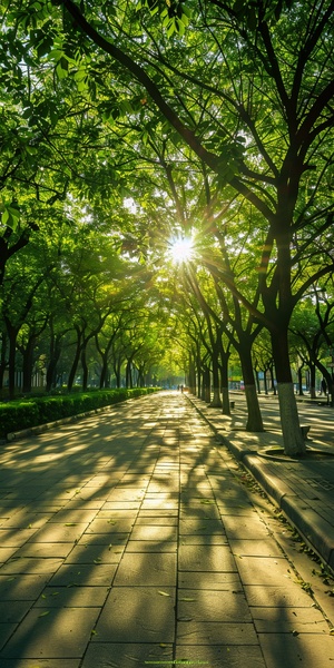 明亮的太阳照耀着整个街道，绿树环绕在道路两旁，投下斑驳的树荫。微风吹动着树叶，阳光透过树叶的缝隙洒在地面上，形成美丽的光影斑驳。街道上行人络绎不绝，每一个人脸上都洋溢着阳光般的笑容。阳光照亮了大家的生活，让每一个人都感到温暖和希望。