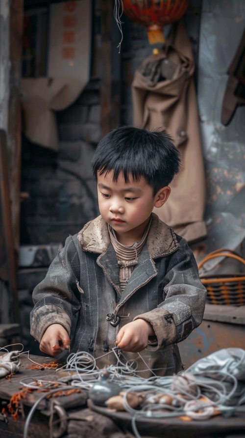 一个中国帅气的男孩，努力工作的样子。