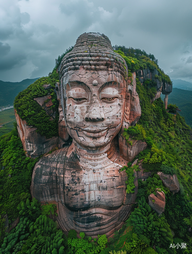 Enormous Buddha Statue on Stormy Pine-covered Mountain in China