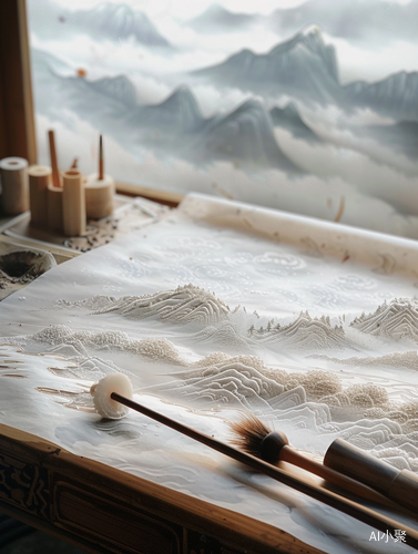 Chinese Landscape Painting in Woodcarving and Calligraphy Style