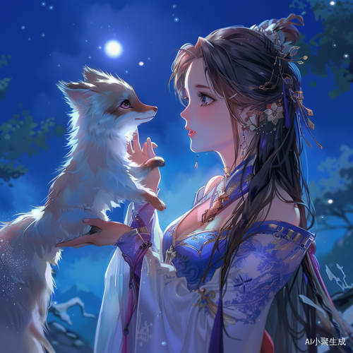 神秘之夜的长发黑发女孩与冰狐