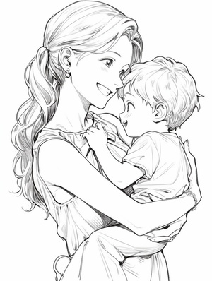 Figure sketch, black and white line stick drawing, No shadow, the mother holding the 2-year-old son's gentle smile, clear and smooth lines, No light, no shade, single line niji 5