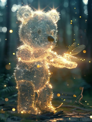 A huge teddy bear stands in the open space. The teddy bear is crystal clear, emitting a faint light all over its body. The teddy bear stands, bends over and extends its hand, looking down at its own hand. There is a very, very small firefly in its hand that emits a faint light, focusing on the firefly MEDIUM CLOSEUP(MCU)