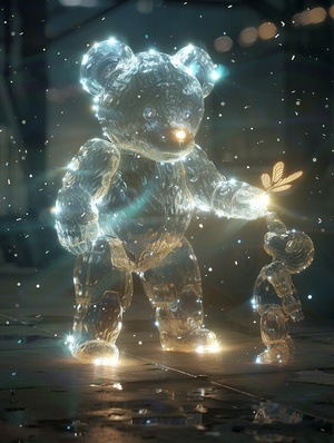 A huge teddy bear stands in the open space. The teddy bear is crystal clear, emitting a faint light all over its body. The teddy bear stands, bends over and extends its hand, looking down at its own hand. There is a very, very small firefly in its hand that emits a faint light, focusing on the firefly MEDIUM CLOSEUP(MCU)