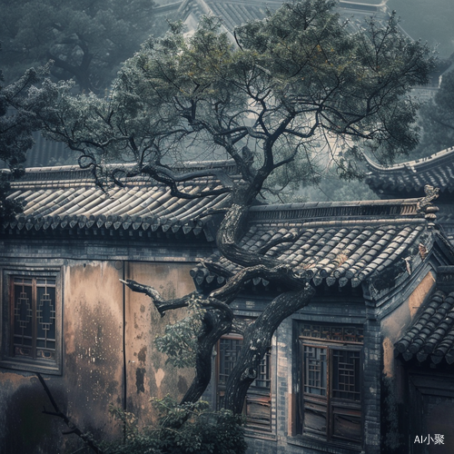 Dreamy Chinese Town: A Mysterious Composition of Ancient Trees and Chinese Architecture