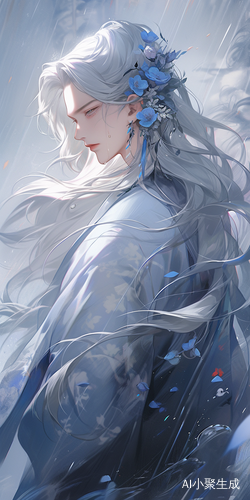 汉服男子立于蓝色雨中，袖子飘逸，花朵飘浮