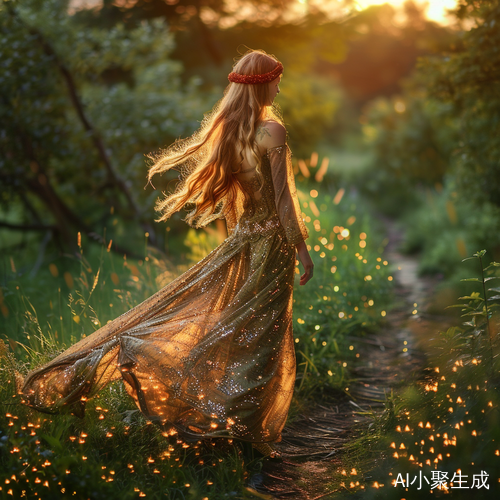 金发少女在绿草地上的闪闪发光