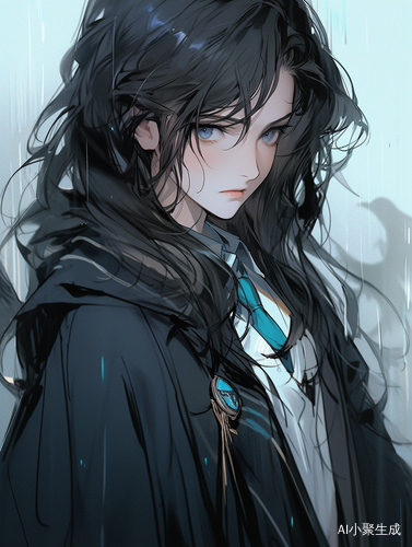 Q版画风女孩，黑发蓝眼，巫师袍下的拉文克劳