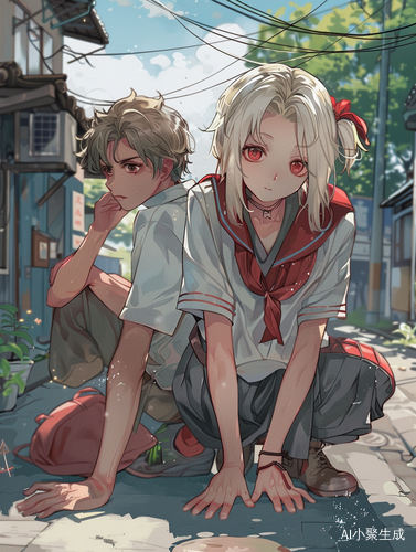 美艳度惊人的金发少女和红眼少年在大街上的两人景象