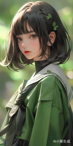 绿色学生校服和超短发
