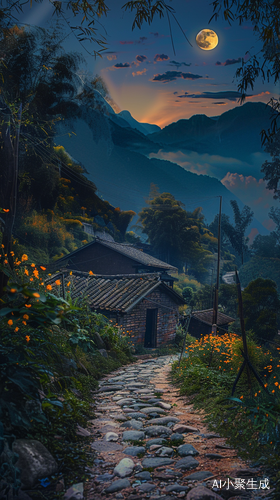 秋夜中秋，圆月当空，石板路通山间，简陋民居静谧