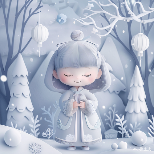 剪纸风格插画-可爱的齐肩短发女孩和胖胖的龙宝在雪地里玩耍