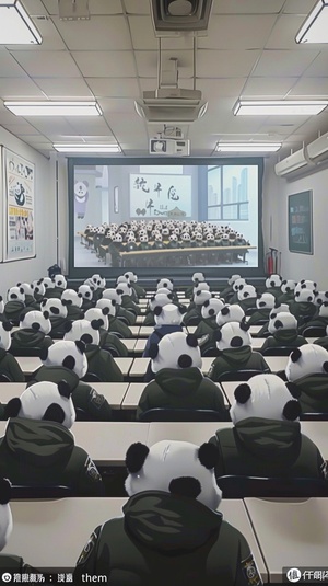 A photo of an army classroom full of pandas wearing black uniforms sitting at desks watching the movie "I also want to be like them" on a large screen, posted on the Chinese social media platform WeChat with many cute panda pictures as the profile picture, taken in the style of iPhone X, posted as a phone wallpaper. ar 57:128