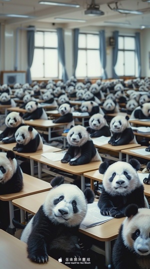 A photo of an army classroom full of pandas wearing black uniforms sitting at desks watching the movie "I also want to be like them" on a large screen, posted on the Chinese social media platform WeChat with many cute panda pictures as the profile picture, taken in the style of iPhone X, posted as a phone wallpaper. ar 57:128