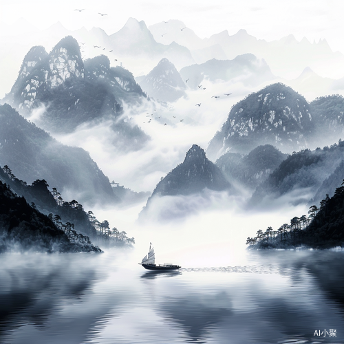 水墨画湖景，万重山中轻舟徐行