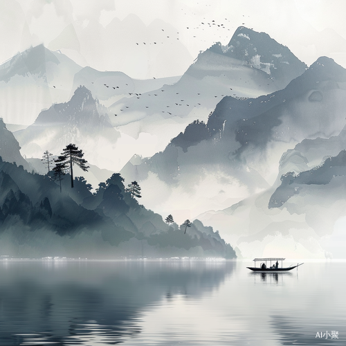 水墨画湖景，万重山中轻舟徐行