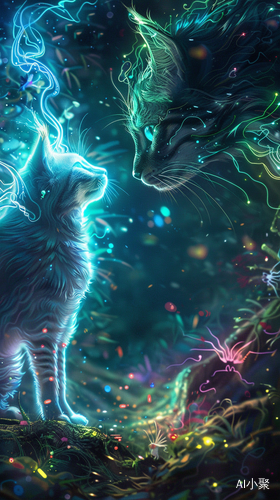 Magical Duel: Neon Cat vs Shadow Dog in Enchanted Forest