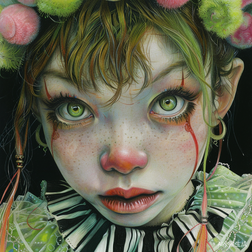 Captivating Rococo-style Painting of Startled Female with Fluorescent Makeup