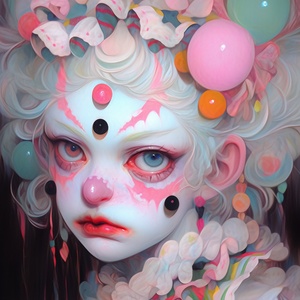 prompt:Clown makeup,Medium shot,Pastel painting of a young female,Twofluorescence angles,Startled look,blackbackground,pale face,huge beautifulround eyes,long cilia,rococo style,fluorescent pink and green,byby Junji ItoInoue Takehiko,Julie Bell,realistichyper-detail,exaggerated perspective,amazing moment,intricate illustrations,dynamic pose,uhd,16k,Higher quality ai3:4sref s.mj.runNSDkjwlopFMs.mj.rungOs5yFQGdAAstylize400niji6