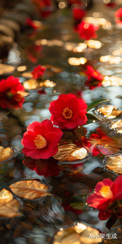 红色山茶花在清澈水中金色反光