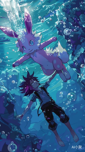 Floating Pokémon Rabbit with Anime Boy Underwater