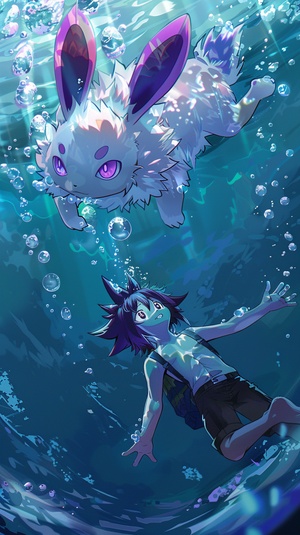 A cartoon-style drawing of the Pokémon-type rabbit from Yu-Gi-Oh, with purple and white fur and blue eyes, floating in water while holding onto an anime boy wearing black pants who is swimming underwater. The background should be a deep ocean with bubbles rising up through it. In the style of [Studio Ghibli]. ar 40:53