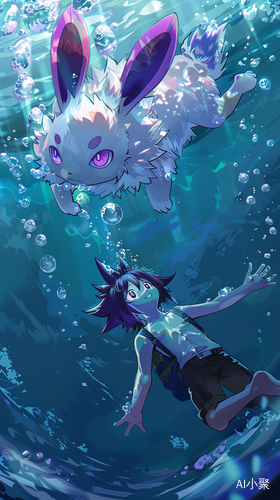 Floating Pokémon Rabbit with Anime Boy Underwater